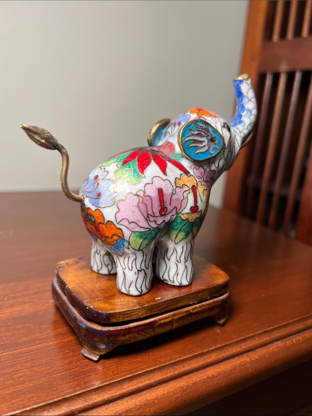 Vintage Colorful Cloisonné Enamel Elephant Figurine with Wooden Display Stand - Picture 10 of 13